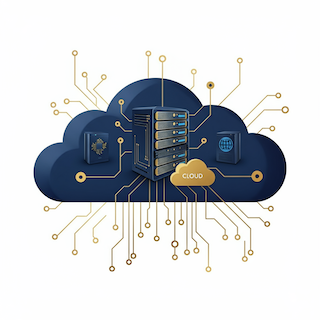 Cloud computing graphic with interconnected nodes, representing Sinaptica's automation solutions for increased productivity